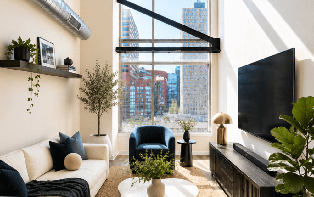 225 North Calvert loft-style apartment in downtown Baltimore featuring a two-story layout, soaring ceilings, and modern industrial design