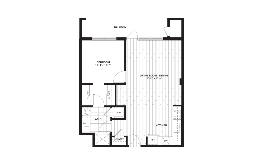 A5 - 1 bedroom floorplan layout with 1 bath and 890 square feet.