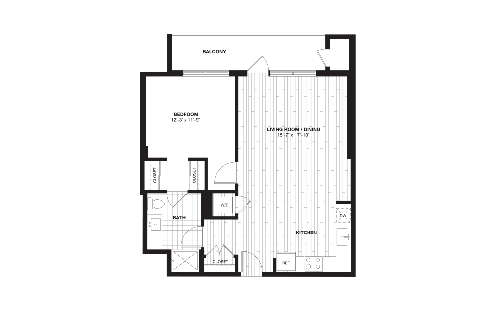 A7L - 1 bedroom floorplan layout with 1 bath and 883 square feet.