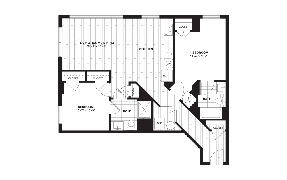 B2A - 2 bedroom floorplan layout with 2 baths and 1040 square feet.