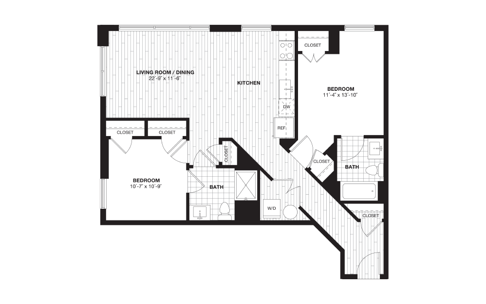 B5B - 2 bedroom floorplan layout with 2 baths and 1040 square feet.