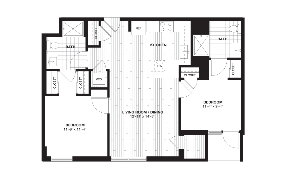 B3L - 2 bedroom floorplan layout with 2 baths and 875 square feet.