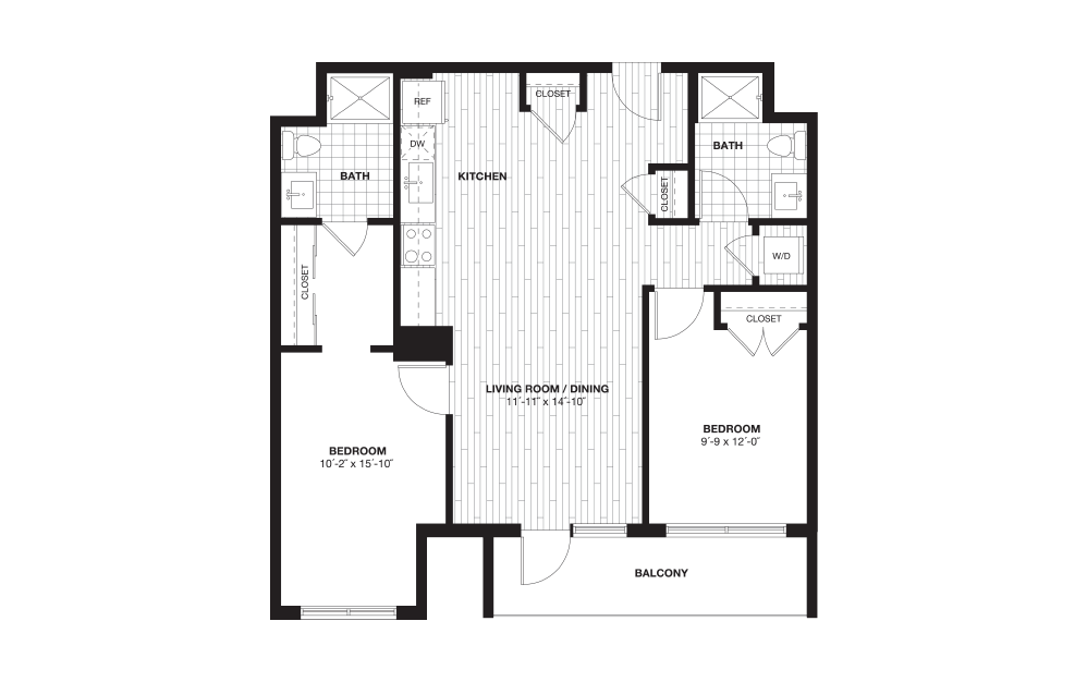 B5L - 2 bedroom floorplan layout with 2 baths and 1047 square feet.